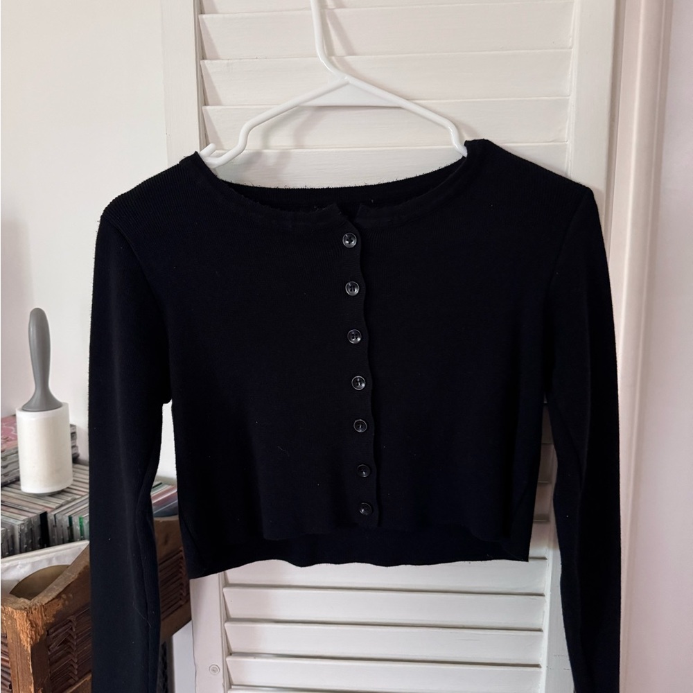 Brandy Cropped Black Button Up Long Sleeve Cardigan